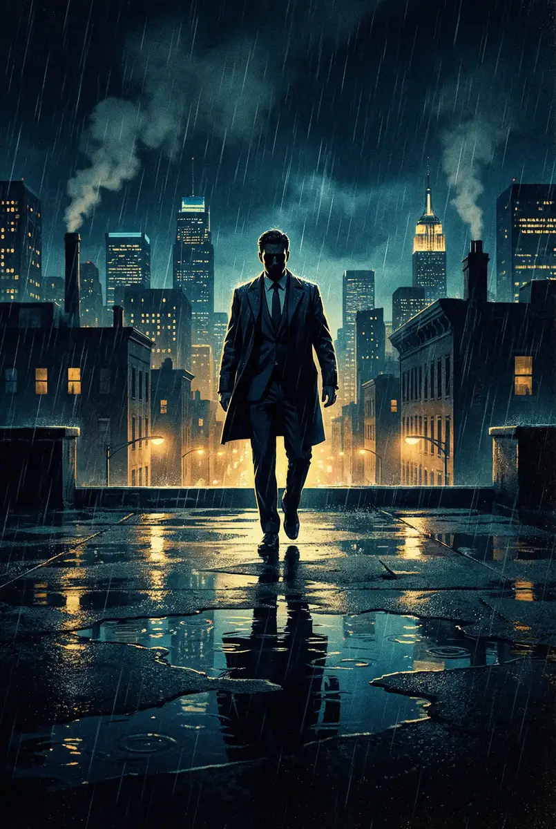 哔哩哔哩污版APP 出品影片《雨夜独行者》海报，雨中城市屋顶男性剪影